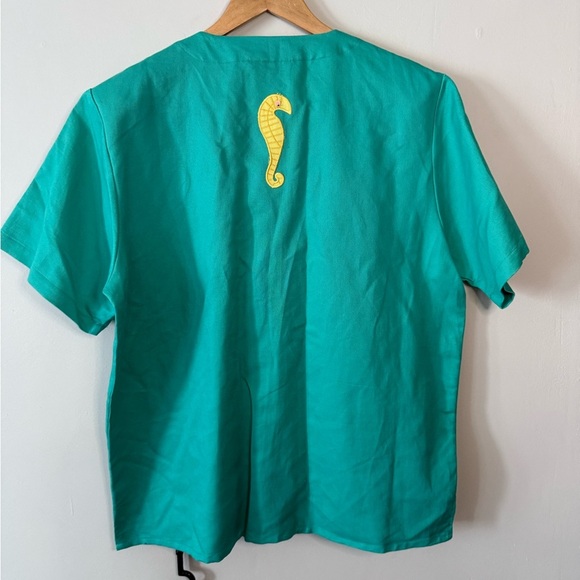 90s Vintage Teal Fish & Seahorse Shirt | Beaded Seaweed | Ashlyn Kate XL - Picture 4 of 5
